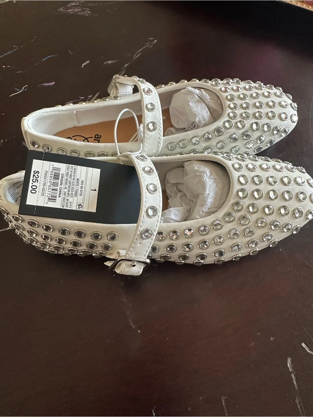 Girls' White Studded Mary Jane Shoes with Rhinestone Accents